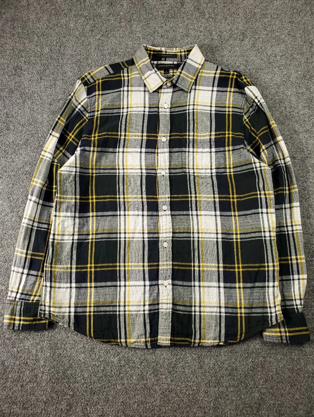 Banana Republic Untucked Slim Fit Shirt Large Double Faced Flip Up Yellow Plaid